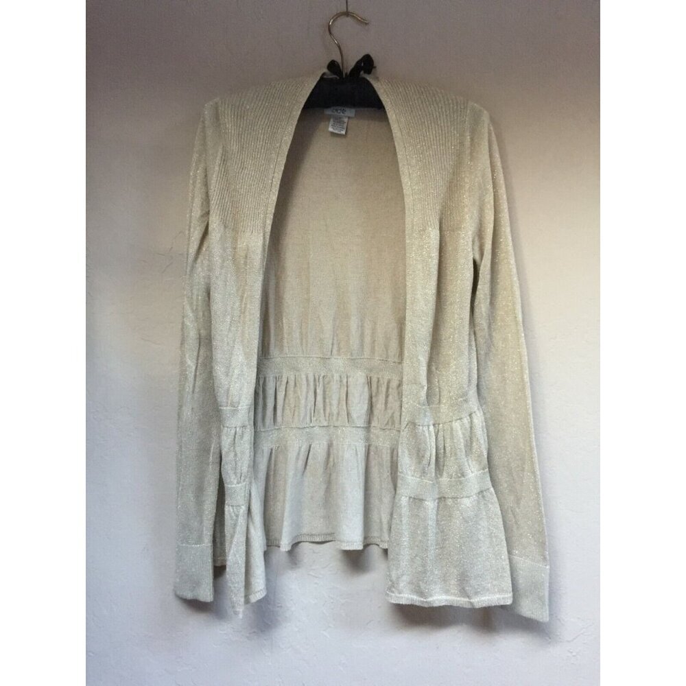 Cache Women Medium Metallic Open Front Peplum Cardigan Sweater Beige Lightweight